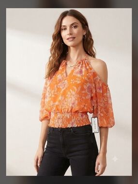 🧡NWT Sam & Jess Orange Floral Off-Shoulder Metallic Neck Hardware Top Size XS